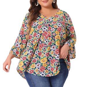 Plus Size Floral Blouses V Neck Ruffle Sleeve Babydoll Peplum Top Yellow